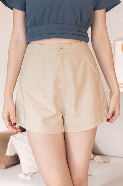 Amelia High Waist Linen Shorts (Sand)