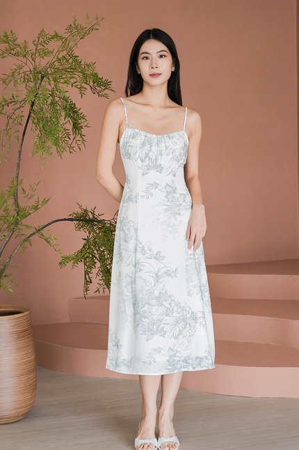 Brianna Padded Sweetheart Tie-Back Midi Dress (Gris Earthy Bliss)