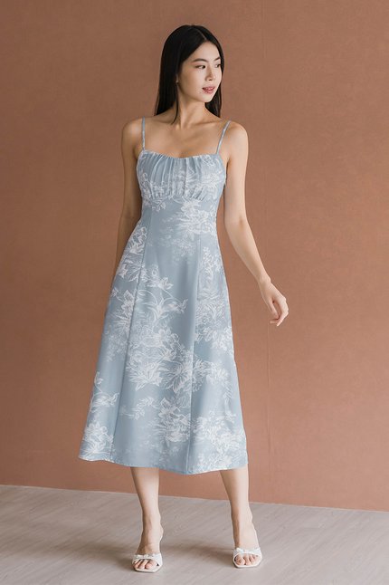 Brianna Padded Sweetheart Tie-Back Midi Dress (Lake Blue Earthy Bliss)