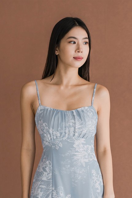 Brianna Padded Sweetheart Tie-Back Midi Dress (Lake Blue Earthy Bliss)