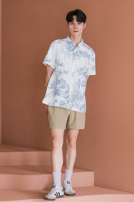 Dan Mandarin Collar Shirt (Serenity Blue Earthy Bliss)