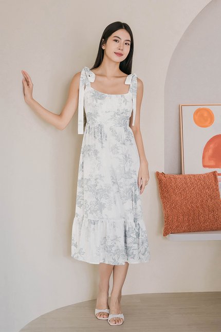 Odelia Padded Tie-Strap Midi Dress (Gris Earthy Bliss)