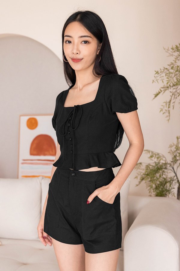Amelia Puff Sleeve Linen Peplum Top (Black)