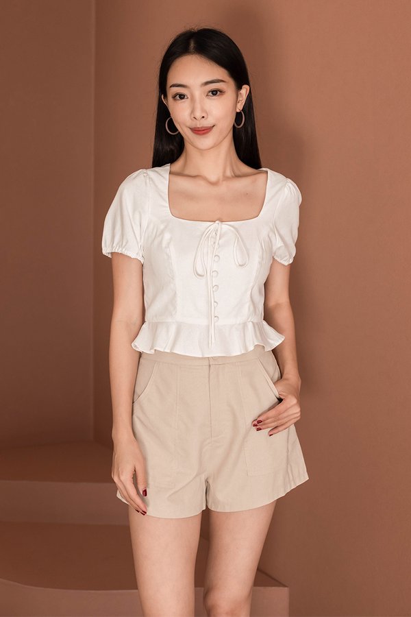 Amelia Puff Sleeve Linen Peplum Top (White)