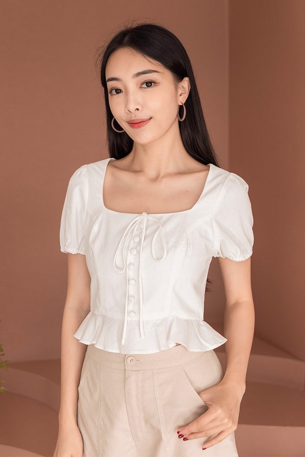 Amelia Puff Sleeve Linen Peplum Top (White)