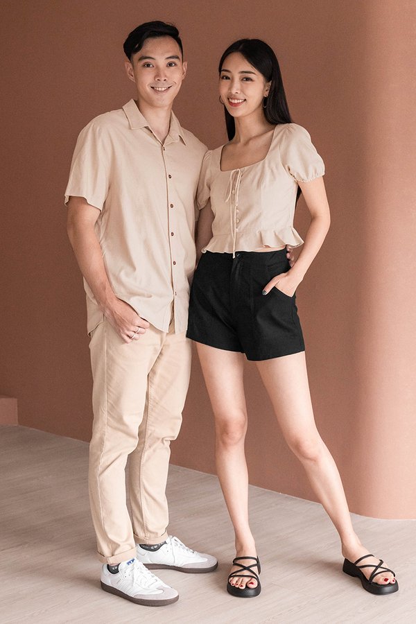 Amelia Puff Sleeve Linen Peplum Top (Sand)