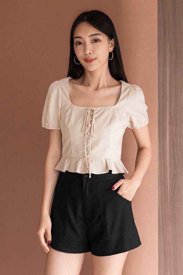 Amelia High Waist Linen Shorts (Black)