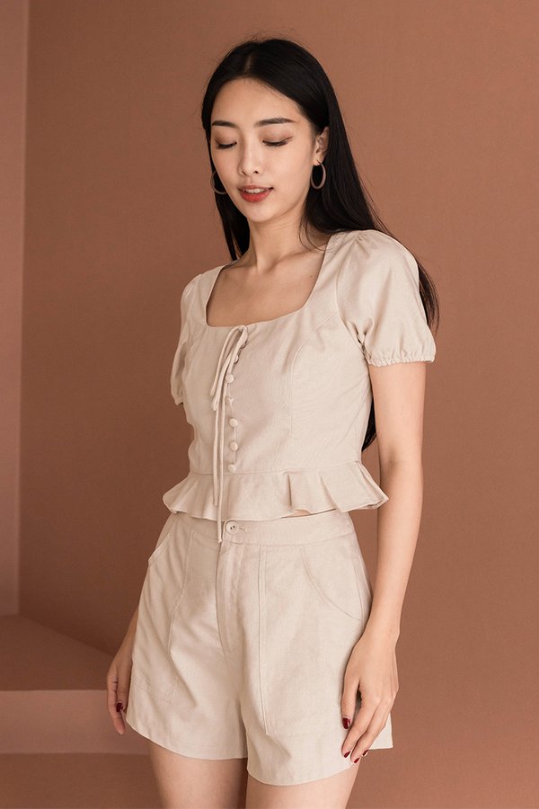 Amelia Puff Sleeve Linen Peplum Top (Sand)