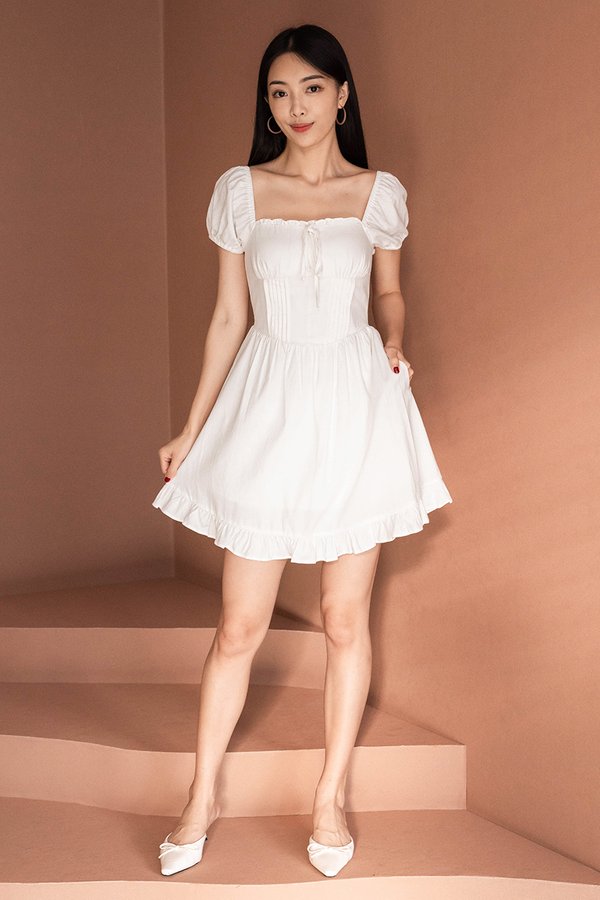 Hannah Padded Puff Sleeve Pintuck Dress (White)