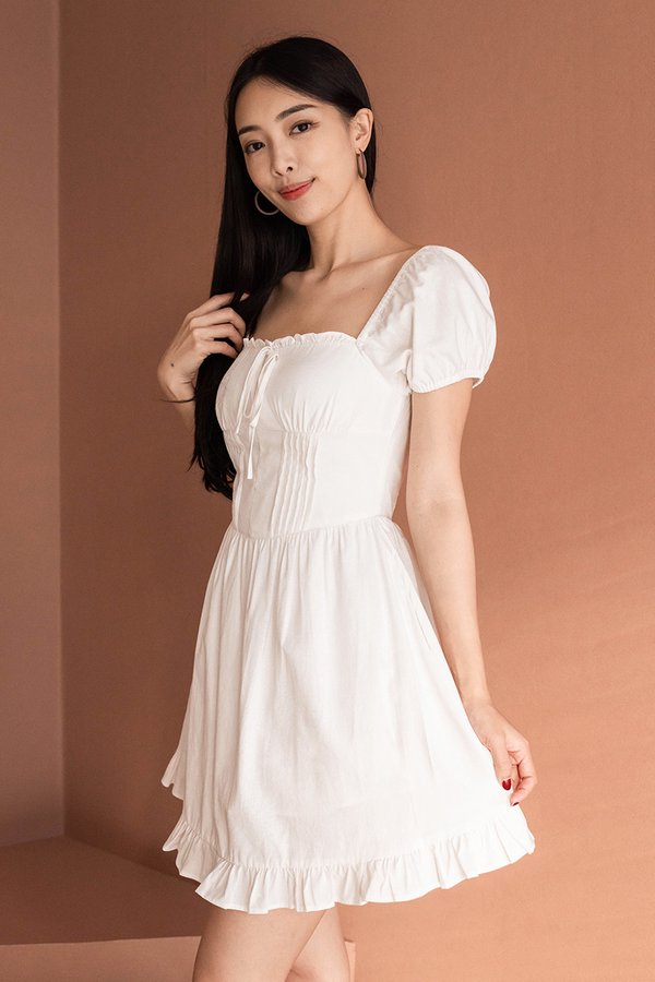 Hannah Padded Puff Sleeve Pintuck Dress (White)
