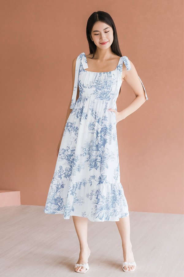 Odelia Padded Tie-Strap Midi Dress (Serenity Blue Earthy Bliss)