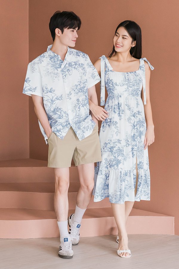 Odelia Padded Tie-Strap Midi Dress (Serenity Blue Earthy Bliss)