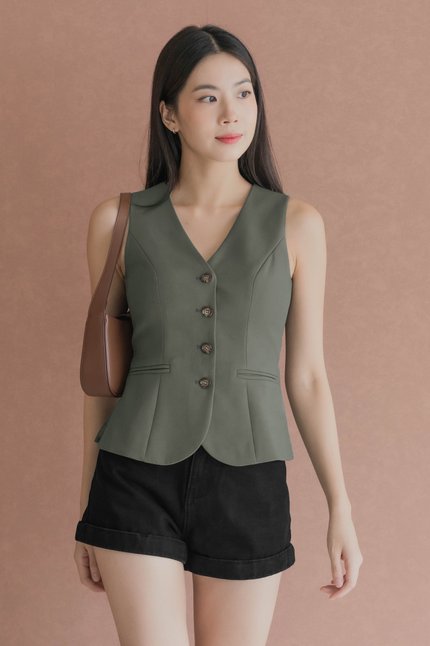 *PREORDER* Clover Button Back-Tie Vest V2 (Olive)