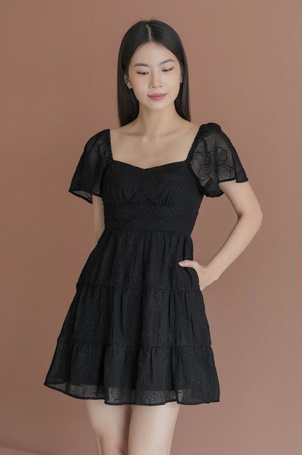 Darley Padded Flutter Sleeve Embroidery Dress (Black)