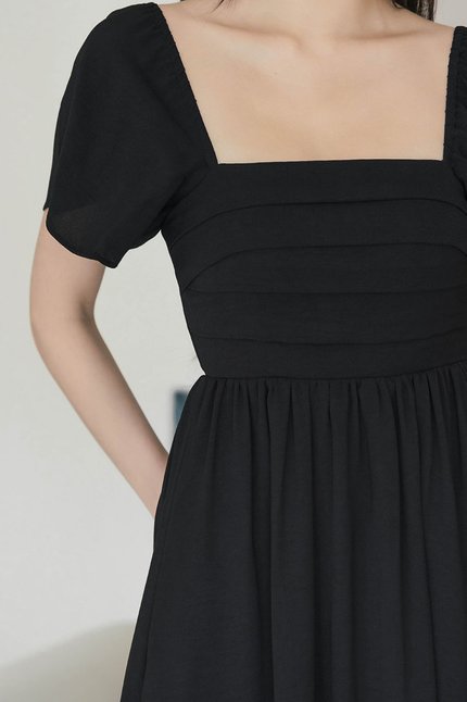 *PREORDER* Heather Padded Flutter Sleeve Folds Midaxi Dress (Black)