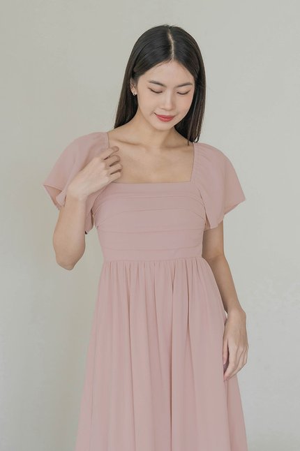*PREORDER* Heather Padded Flutter Sleeve Folds Midaxi Dress (Blush Pink)