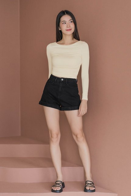 Kelsie Cuffed Hem Denim Shorts (Black Denim)