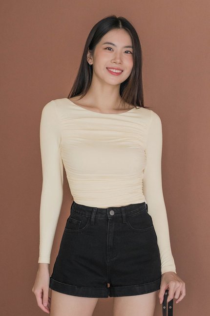 Kim Padded Boat Neck Ruched Top (Cream)