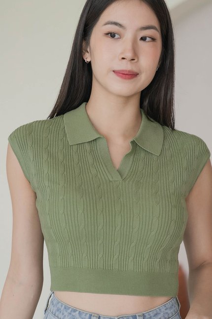 Nadine Collar Cable Knit Top (Matcha)
