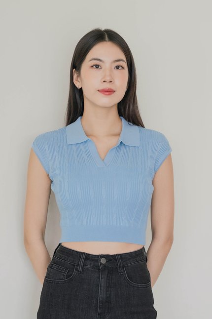 Nadine Collar Cable Knit Top (Sky Blue)