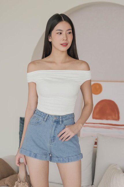 Noelle Padded Off-Shoulder Ruched Top (White)