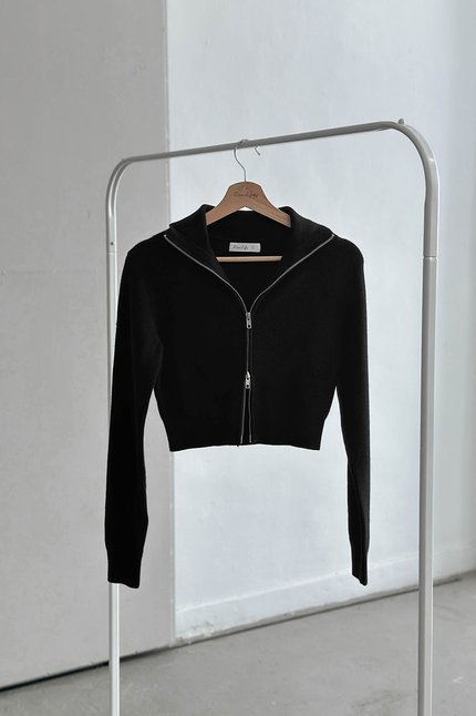 Camille Double Zipper Long Sleeve Knit Top (Black)