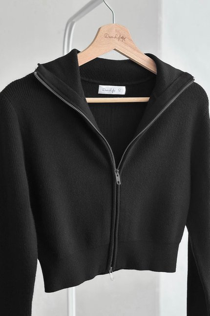 Camille Double Zipper Long Sleeve Knit Top (Black)