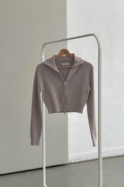 Camille Double Zipper Long Sleeve Knit Top (Taupe)