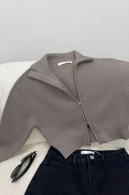 Camille Double Zipper Long Sleeve Knit Top (Taupe)