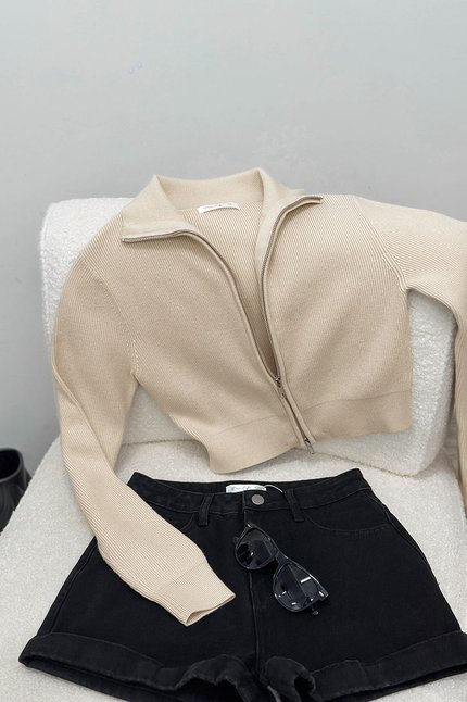 Camille Double Zipper Long Sleeve Knit Top (Sand)