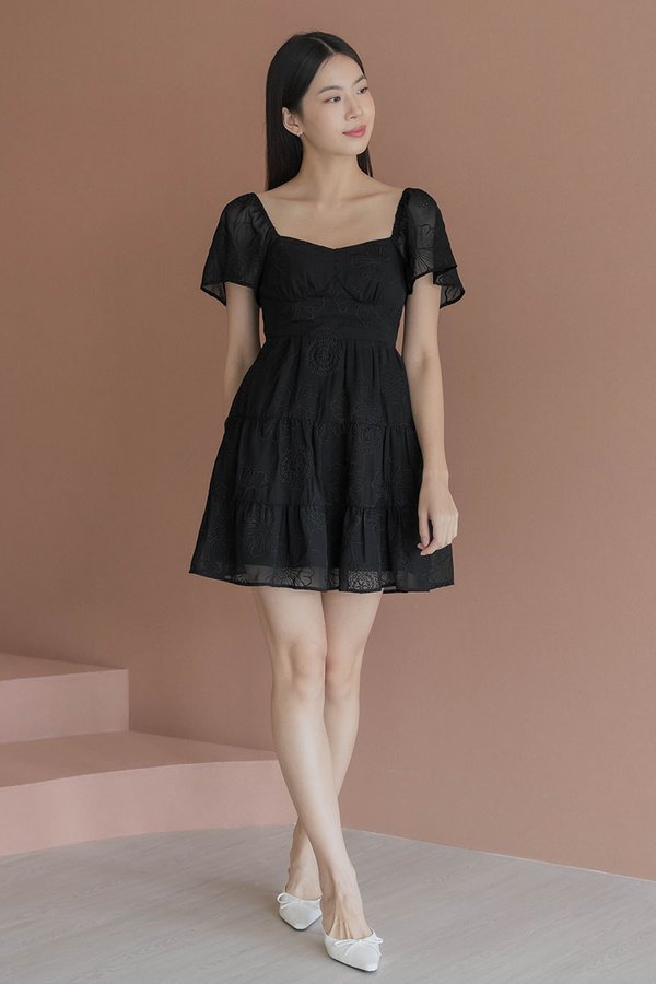 Darley Padded Flutter Sleeve Embroidery Dress (Black)