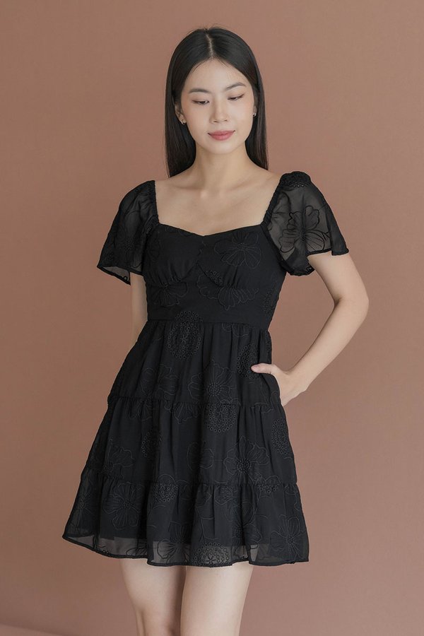 Darley Padded Flutter Sleeve Embroidery Dress (Black)