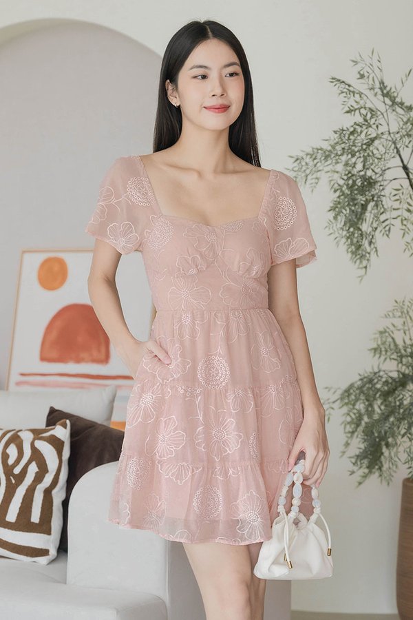 Darley Padded Flutter Sleeve Embroidery Dress (Petal Pink)