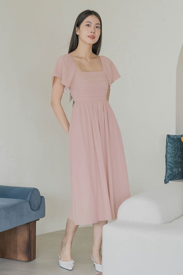 Heather Padded Flutter Sleeve Folds Midaxi Dress (Blush Pink)