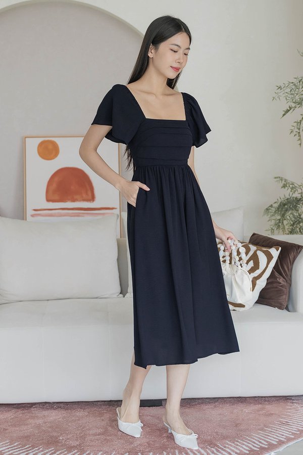 *BACKORDER* Heather Padded Flutter Sleeve Folds Midi Dress (Midnight)