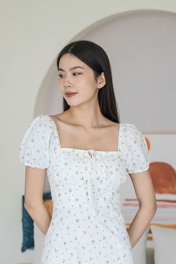 Johanna Padded Pleat Front Slit Midi Dress (Cornflower Garden)