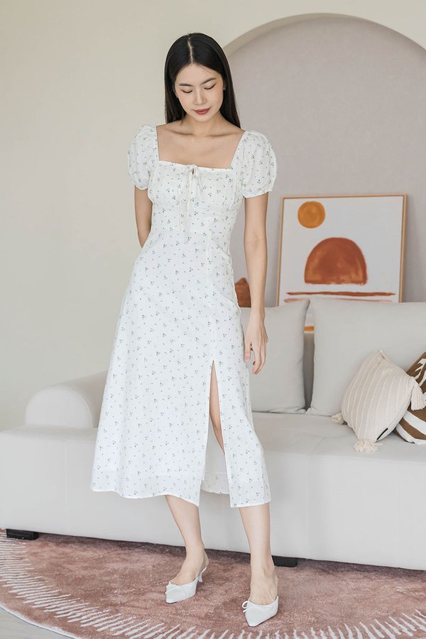 Johanna Padded Pleat Front Slit Midi Dress (Cornflower Garden)