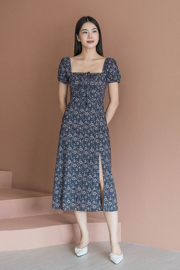 Johanna Padded Pleat Front Slit Midi Dress (Vintage Meadows)