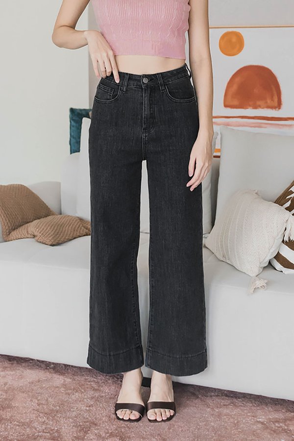 *RESTOCKED* Kelly Wide Leg Denim Pants - Petite (Black Denim)