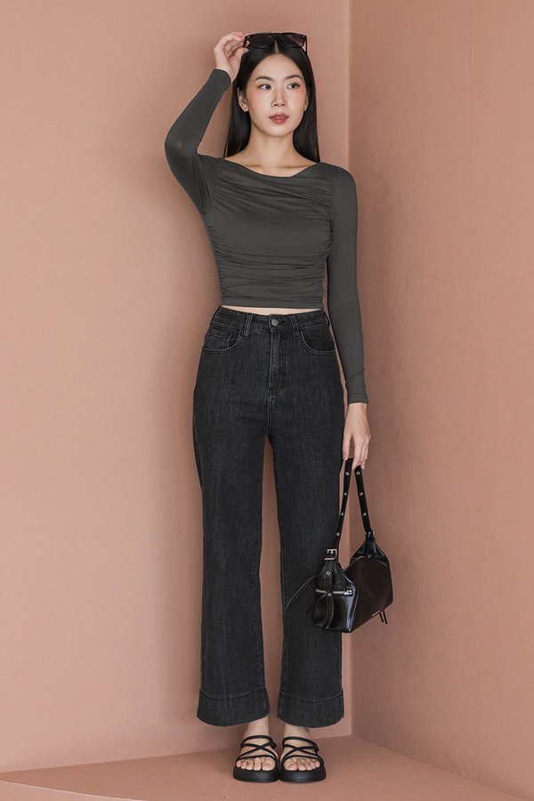 Kim Padded Boat Neck Ruched Top (Gunmetal)