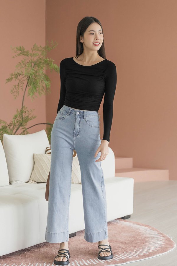 Kim Padded Boat Neck Ruched Top (Black)