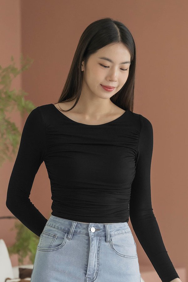 Kim Padded Boat Neck Ruched Top (Black)