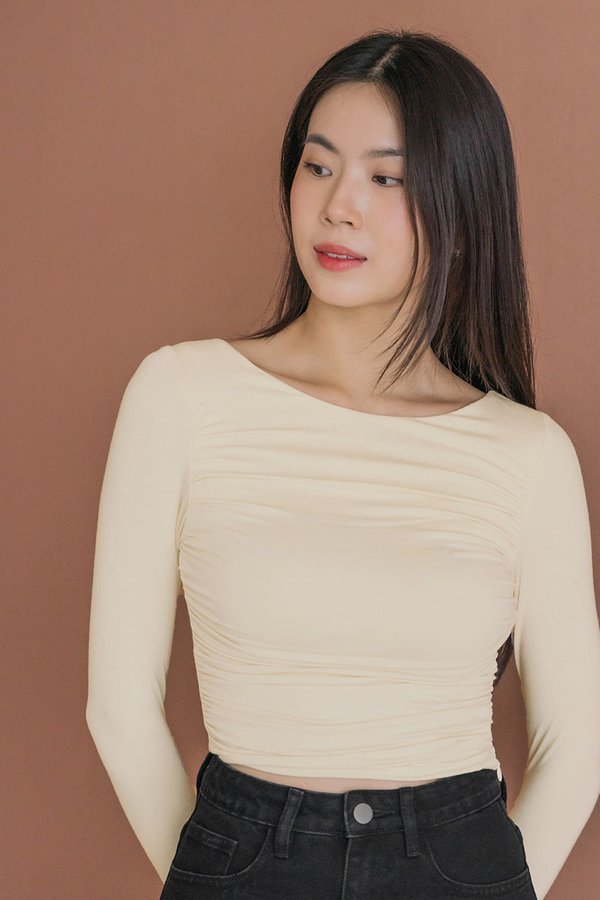 Kim Padded Boat Neck Ruched Top (Cream)
