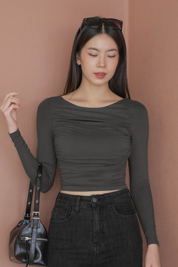 Kim Padded Boat Neck Ruched Top (Gunmetal)