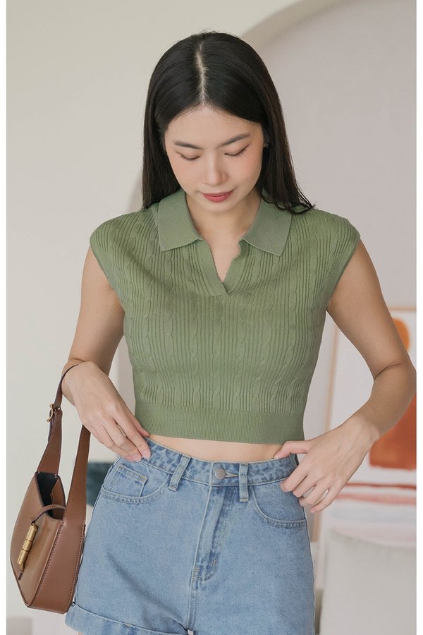 Nadine Collar Cable Knit Top (Matcha)