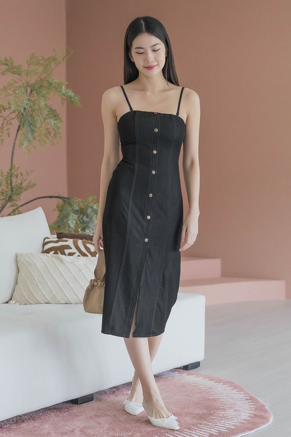 Tyra Padded Column Denim Midi Dress (Black Denim)