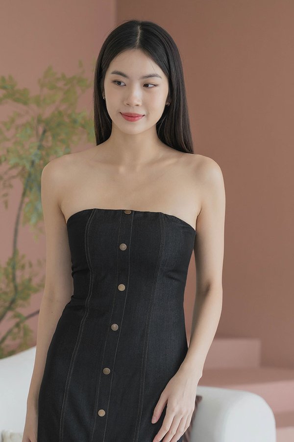 Tyra Padded Column Denim Midi Dress (Black Denim)