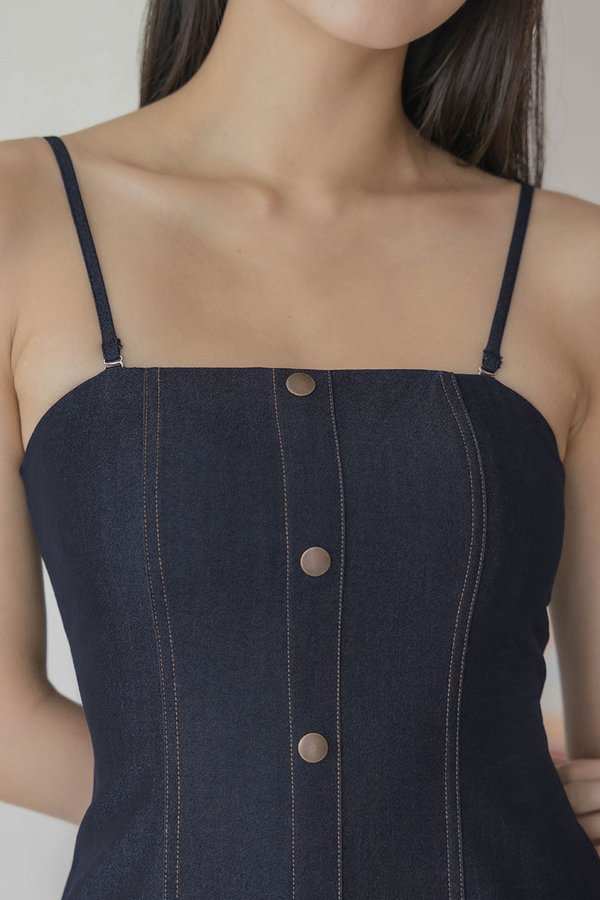 Tyra Padded Column Denim Midi Dress (Dark Denim)