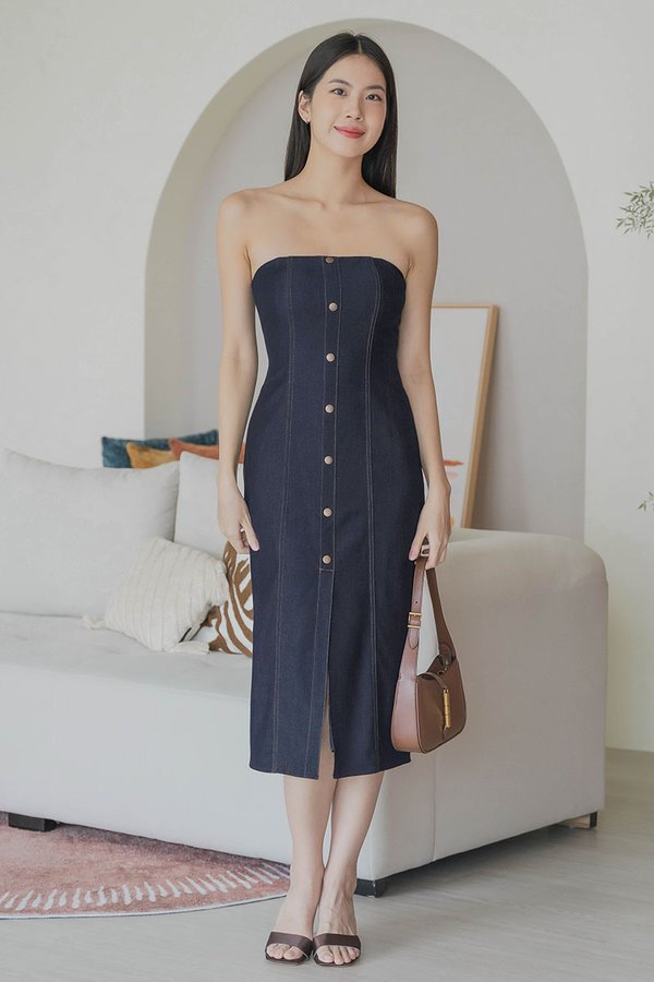 Tyra Padded Column Denim Midi Dress (Dark Denim)