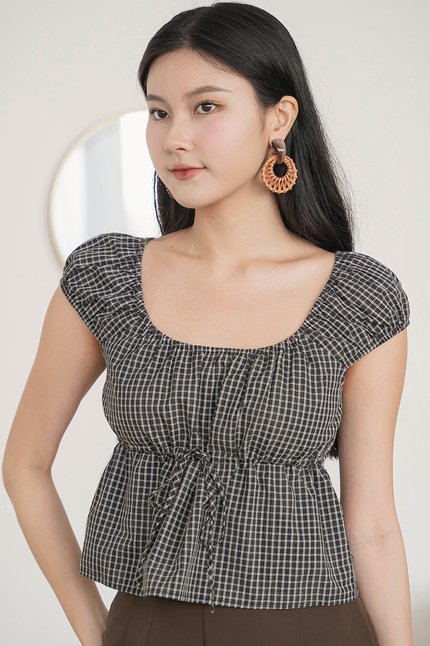 *PREORDER* Bailey Cap Sleeve Drawstring Top (Black Plaid)